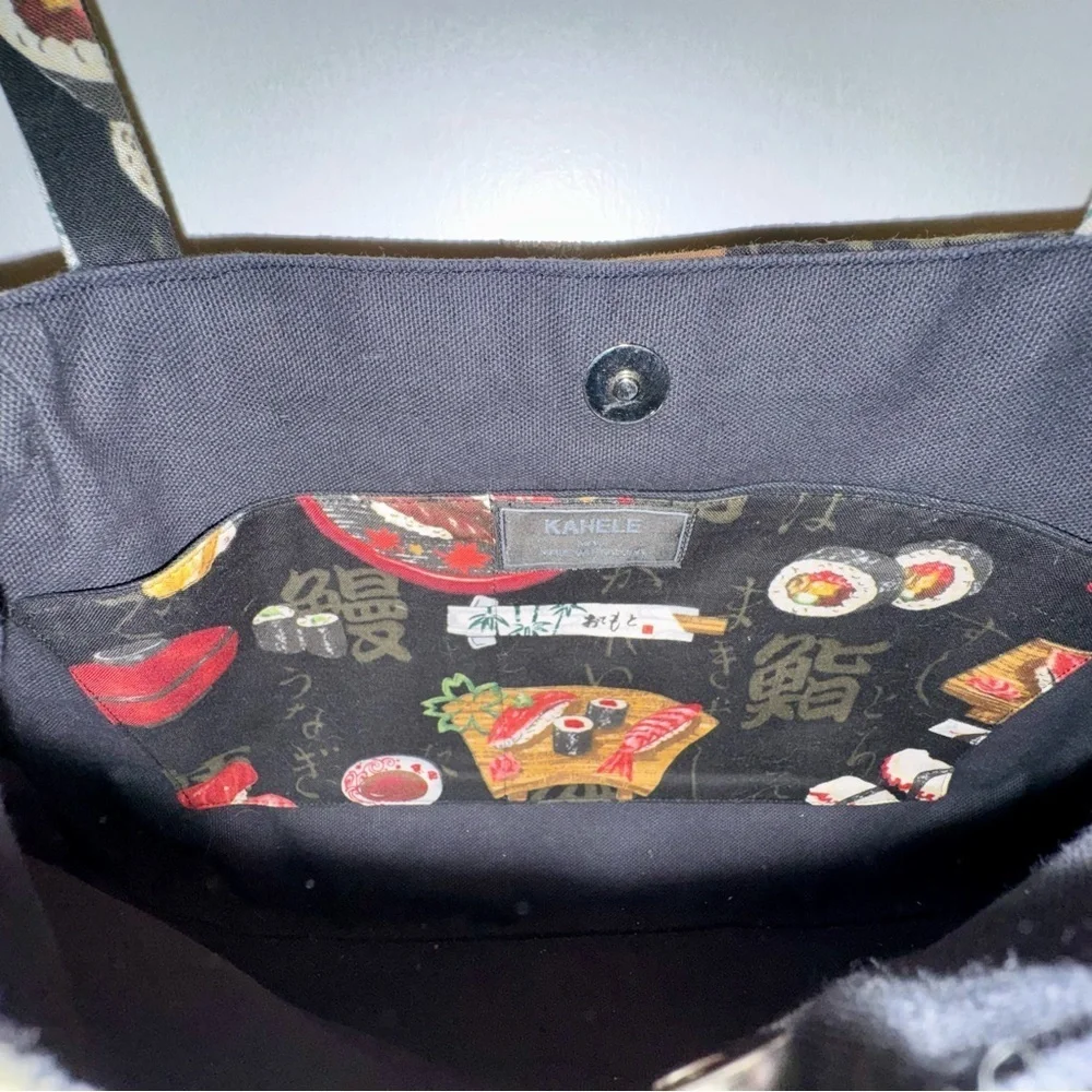 Vintage Sushi Print Handbag with Bamboo Handles
